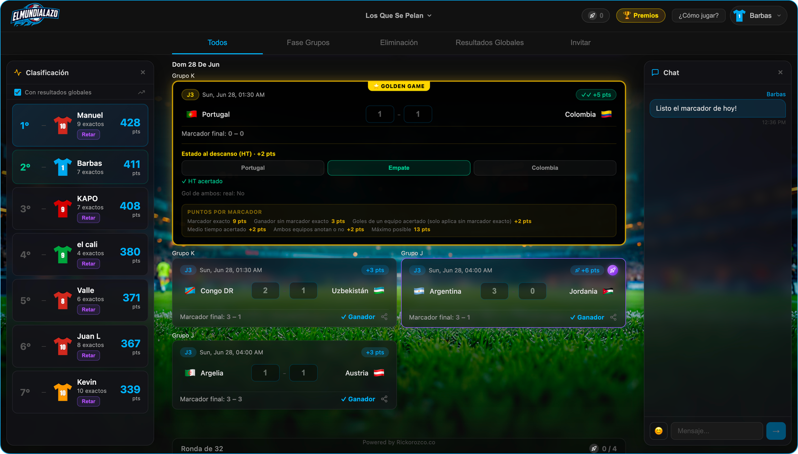 El Mundialazo live room, leaderboard updating during a match