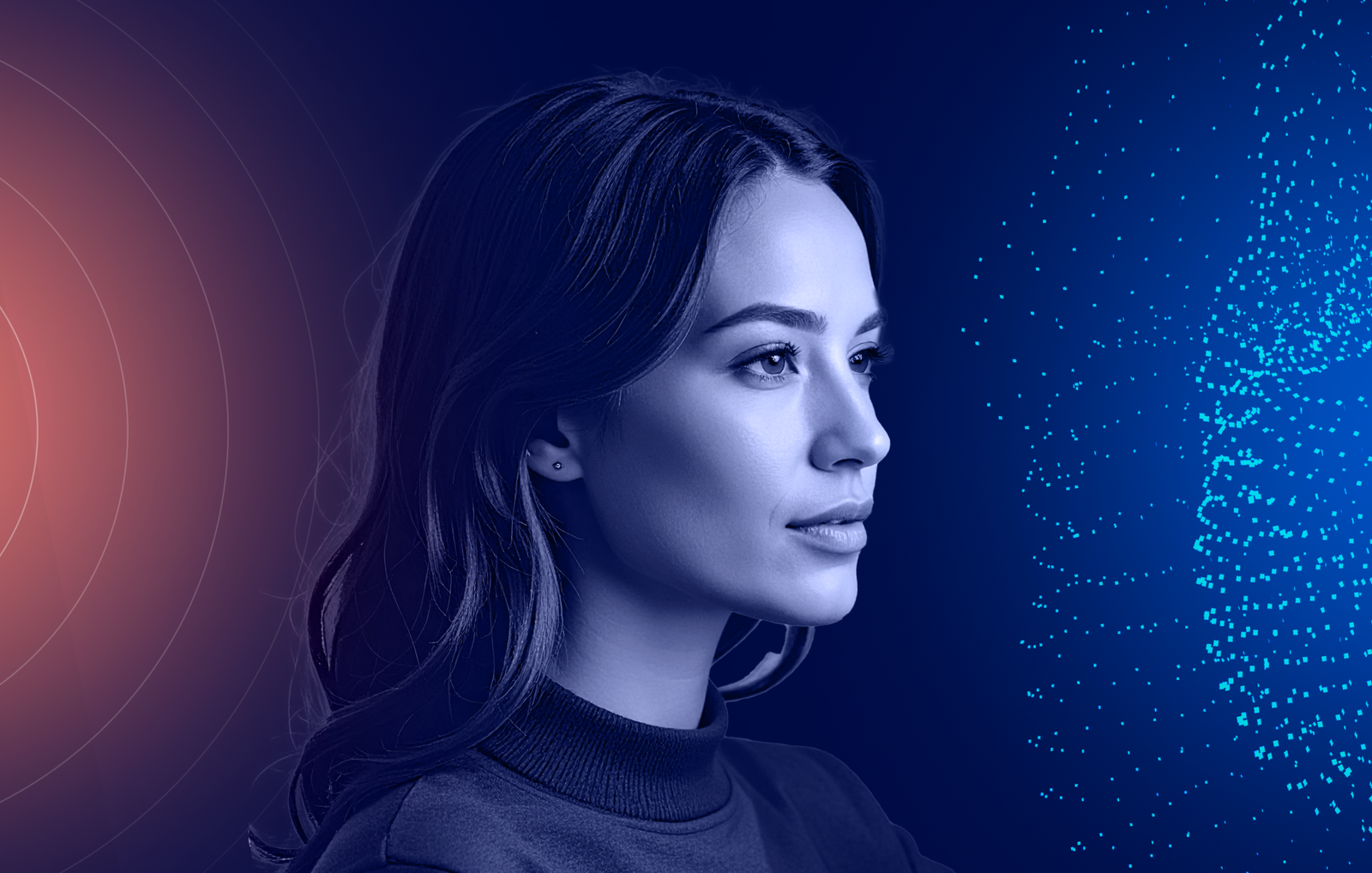 Brand template: portrait treated in the show's signature blue and red duotone with radial rings