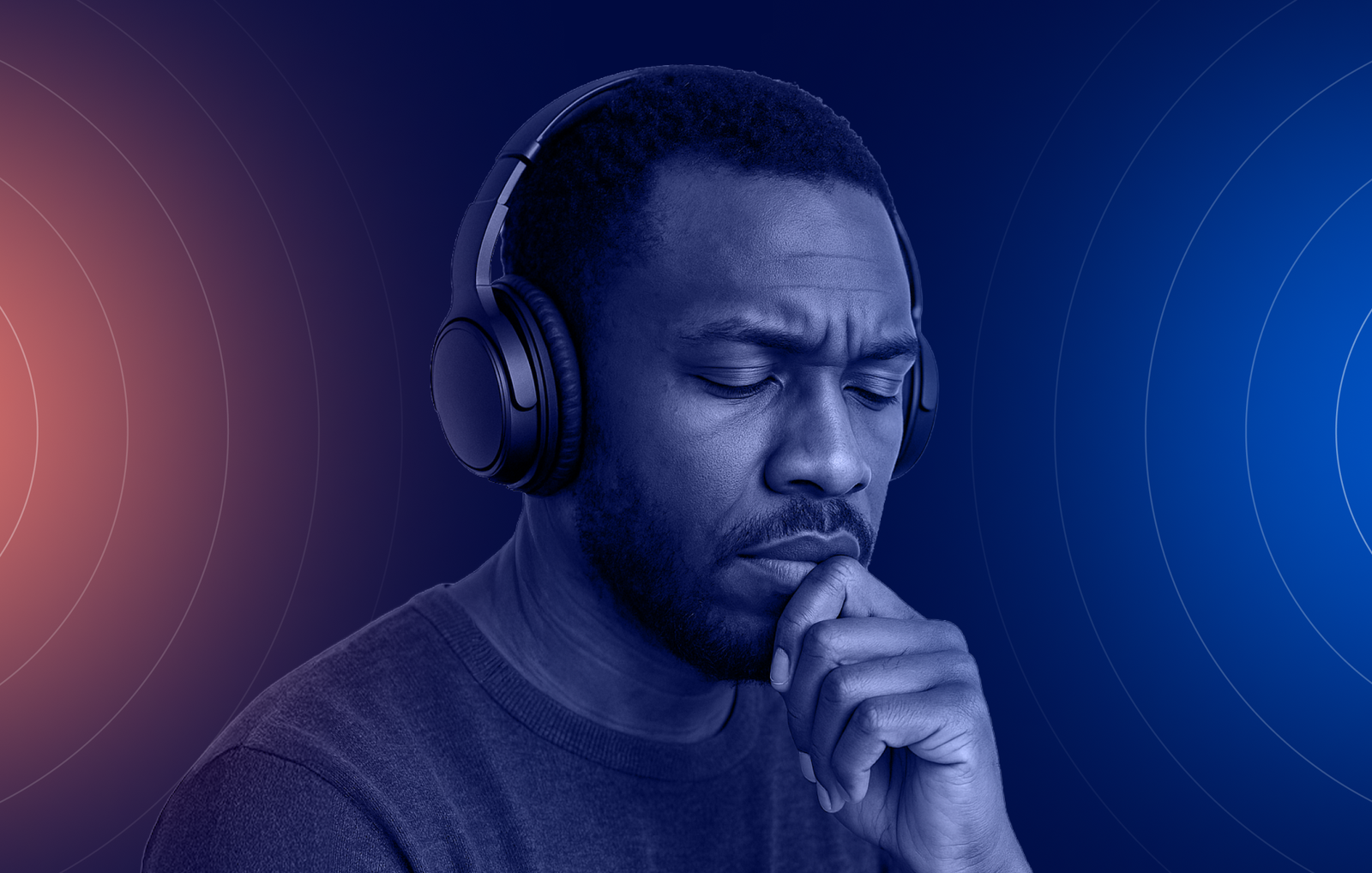 Brand template applied to a different portrait, same duotone and radial ring treatment
