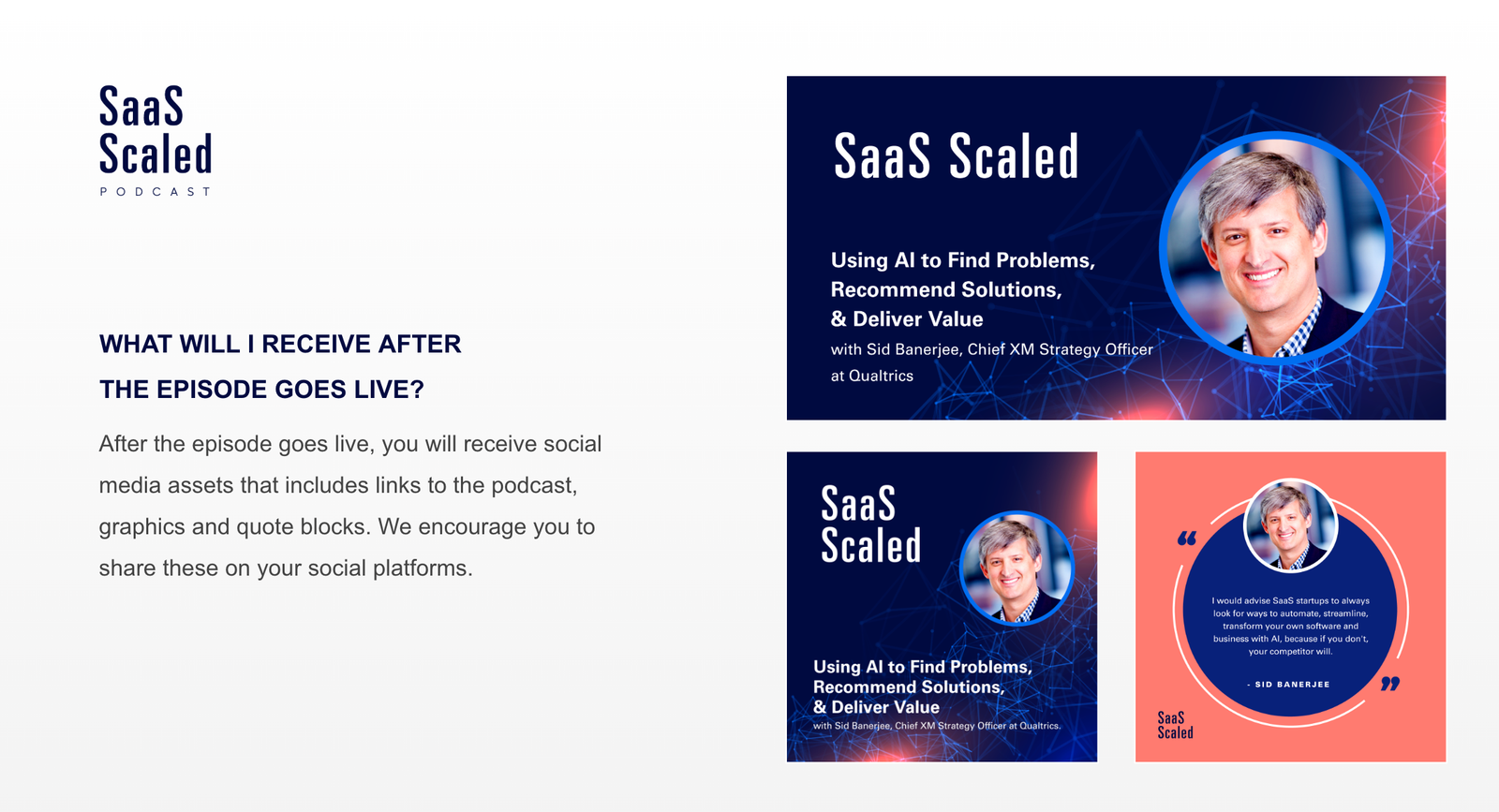 Preview of the promo kit delivered after an episode goes live: video cover, post cover, and a pull-quote graphic