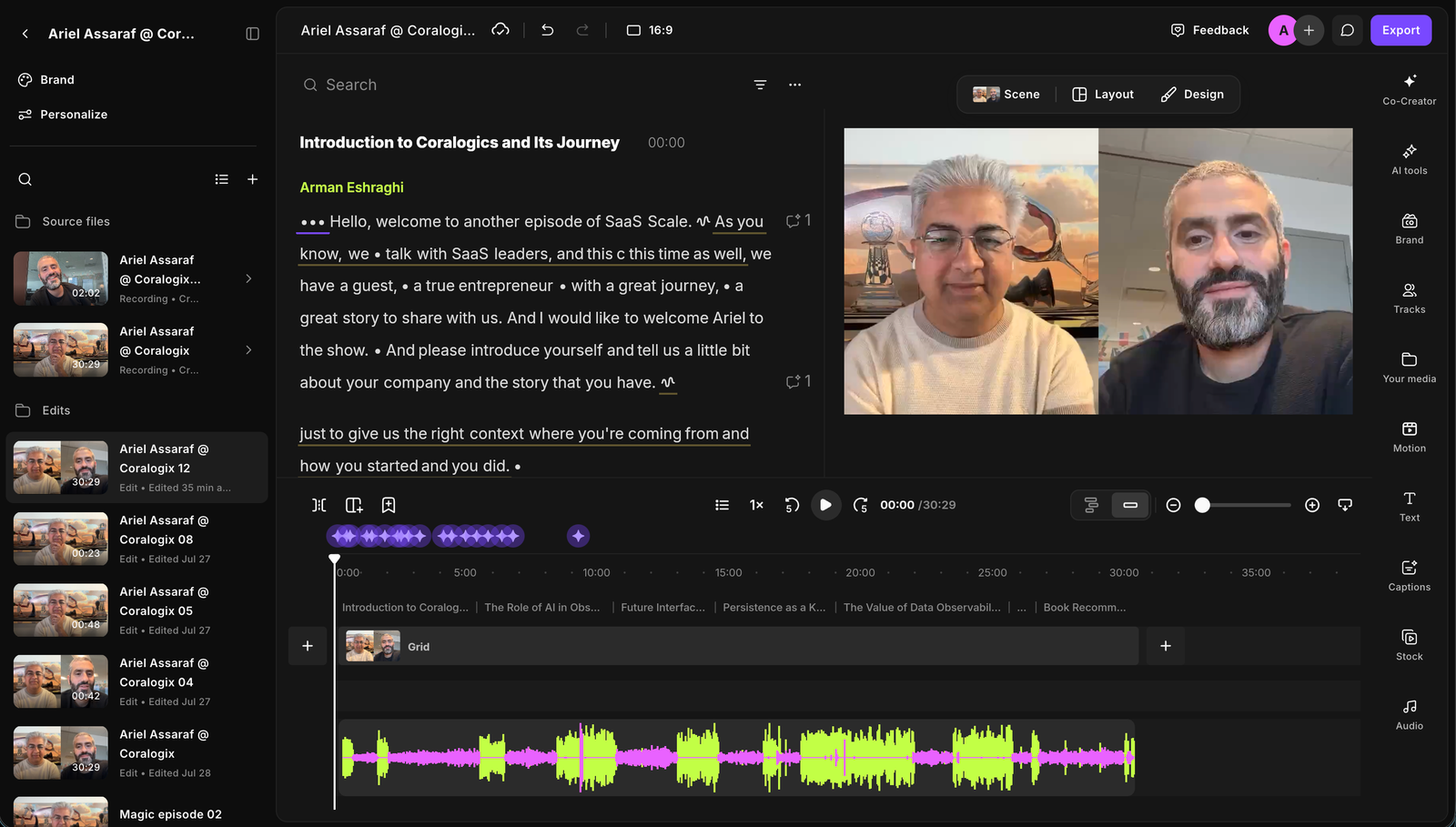 Riverside's transcript-based editor, mid-edit on an episode, with the timeline and audio waveform below