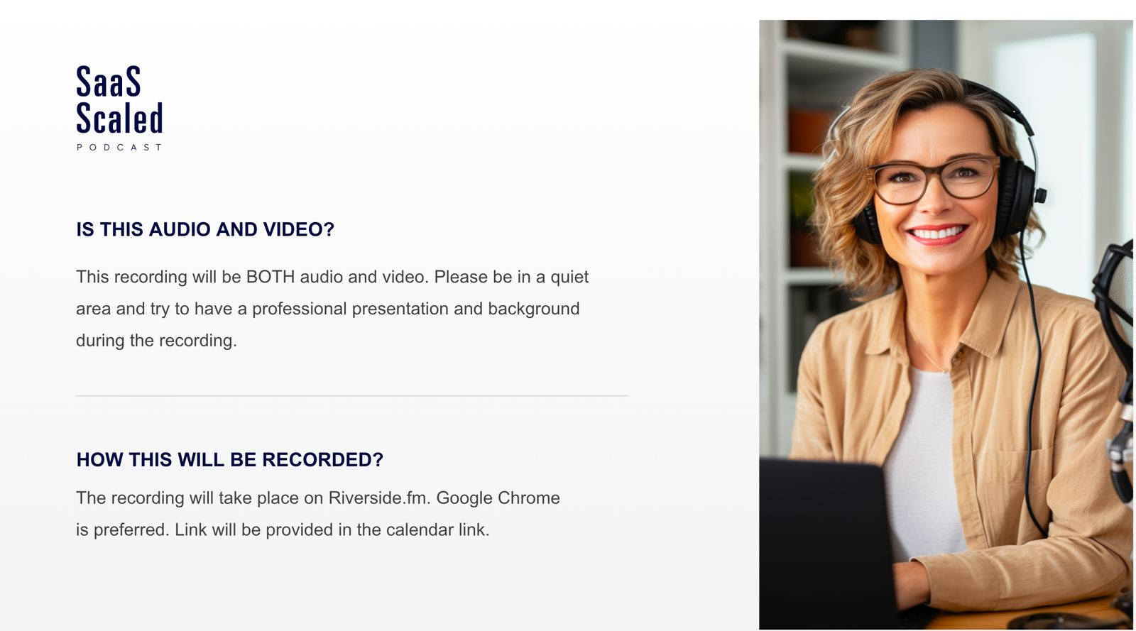 Guest prep document sent ahead of every recording, covering audio and video setup and the Riverside.fm recording link
