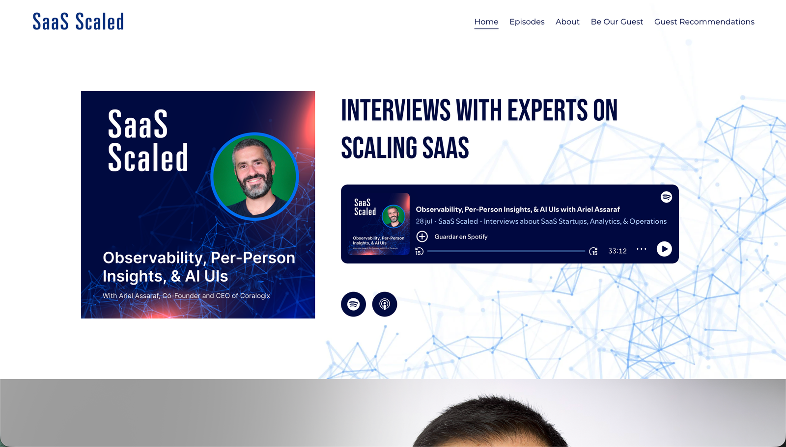 SaaS Scaled website homepage, updated with the latest episode and its Spotify embed